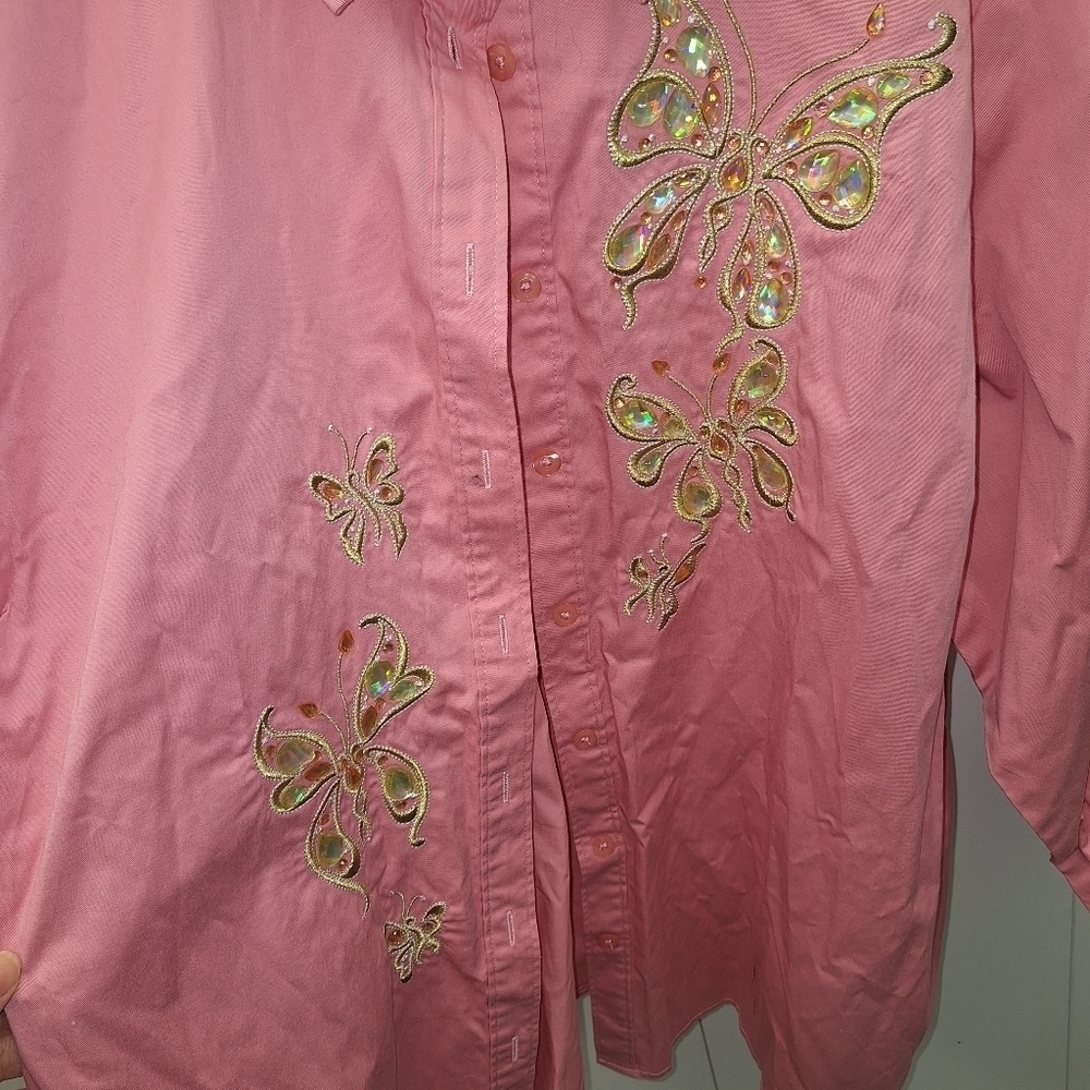 Bob Mackie Pink Butterfly Button Up Shirt 3X - Picture 5 of 8